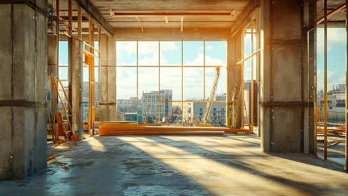 Unfinished high-rise interior with city views and construction equipment.