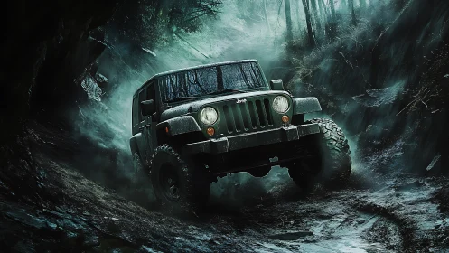 Mud storm trailblazer Jeep carving through haunted forest night.