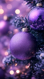 Specular violet baubles on frosted fir with bokeh isolation.