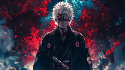 White-haired samurai stands before blazing red foliage at dusk
