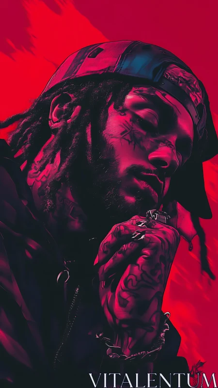 Moody digital portrait of tattooed man in red light.