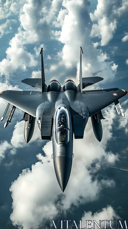 Stealth fighter jet in vertical aerial view above clouds.