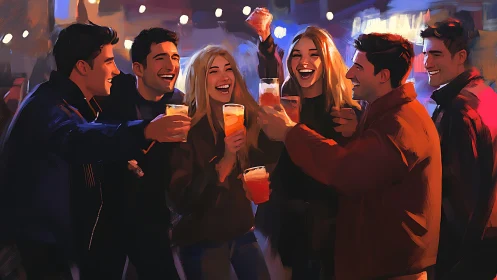 Group of friends toasting drinks at lively night bar.