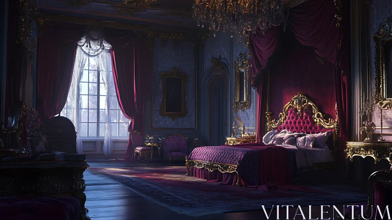 Lavish royal bedroom glows with moody morning window light