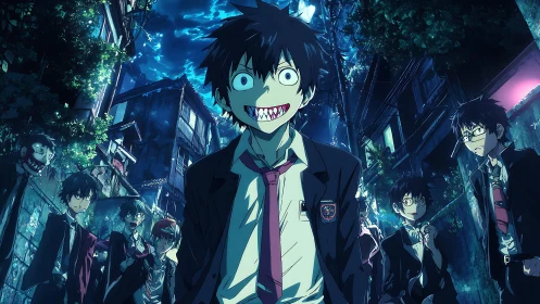 Distorted schoolboy group occupies neon alley under dynamic blue sky