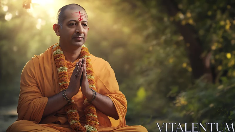 Meditating monk greets sunrise in a tranquil forest glow