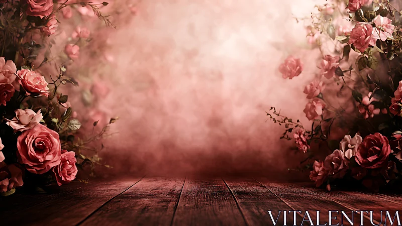 Romantic Rose Garden with Wooden Floor Backdrop.