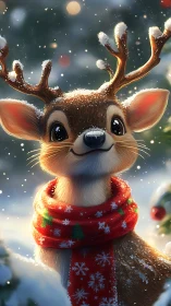 Smiling baby reindeer wears red Christmas scarf in snow