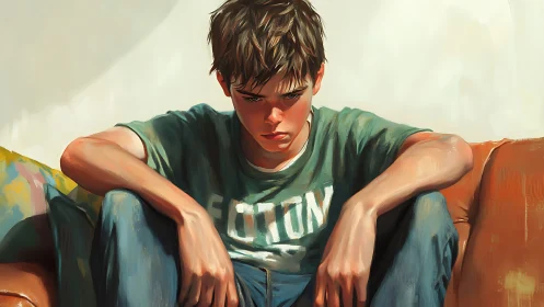 Moody teenage boy slumped on couch in painterly light.