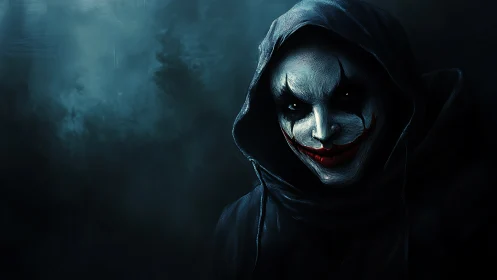 Hooded clown figure with stark chiaroscuro horror lighting