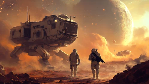 Astronauts cross a burning sky as colossal lander descends on Mars