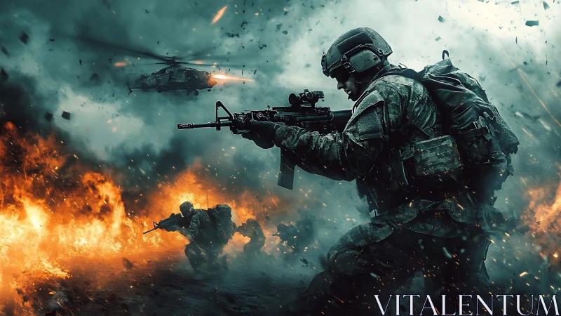 Modern infantry engagement amid explosions and helicopter support.