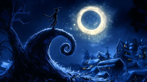 Silhouette on twisted hill under glowing ringed moon