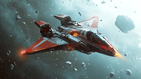 Crimson starfighter gliding calmly through a bright asteroid field.