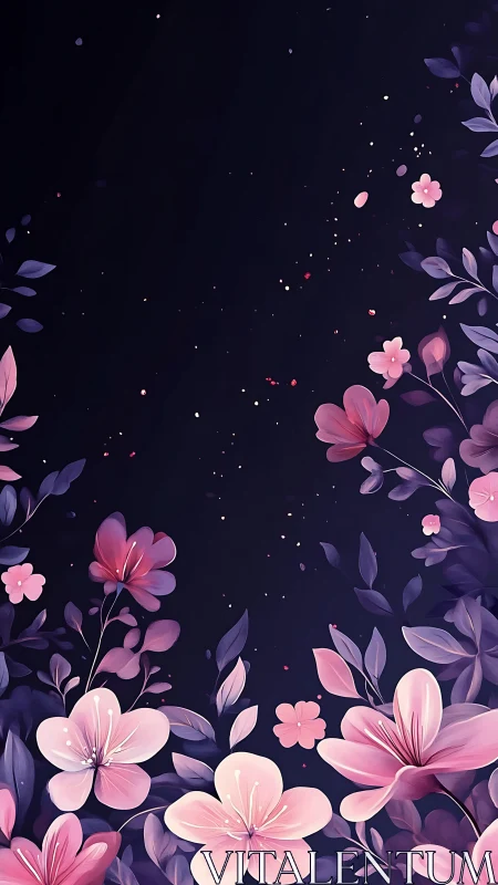 Nocturnal Floral Composition with Pink and Purple Botanical Elements.