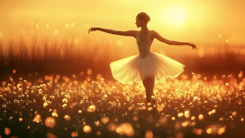 Ballerina dances in glowing golden sunset field of light.