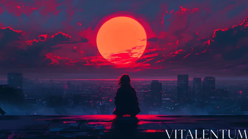 Silhouette watches neon city under vast crimson sun