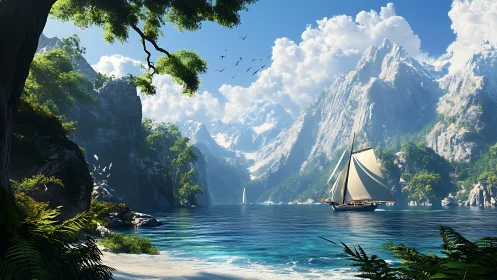 Mountain-Framed Alpine Lake with Sailing Vessel.
