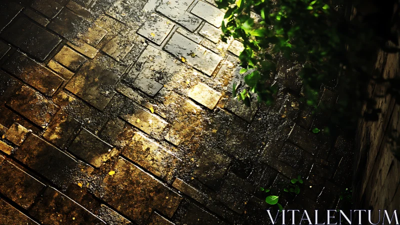 Rain-soaked brick path glows under warm afternoon sunlight.