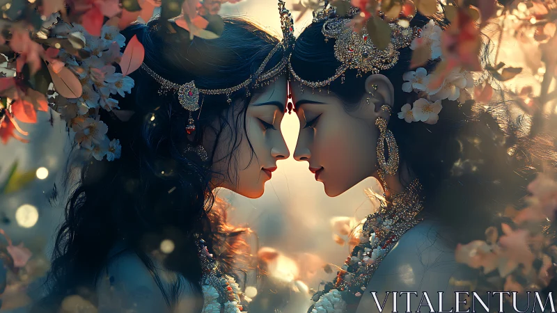 Symmetrical floral portrait of jeweled twin deities in bokeh glow.