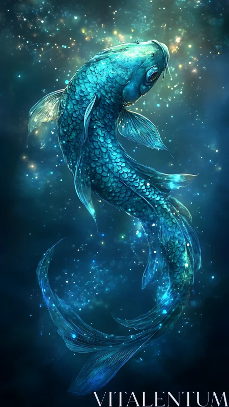 Bioluminescent koi rendered in cosmic aquatic turbulence.