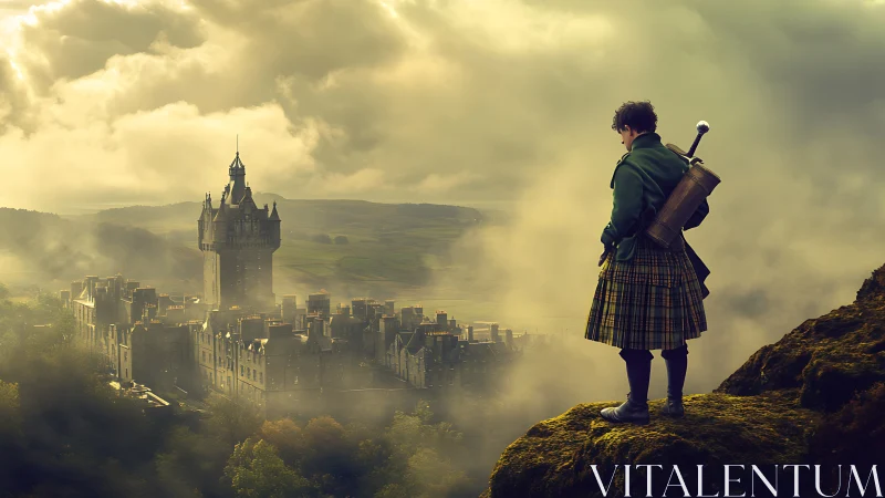 Scottish warrior overlooking misty castle landscape scene.