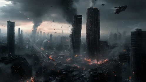 Ruined futuristic city skyline in heavy smoke and fire.