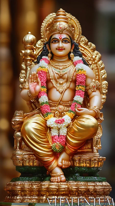 Golden seated Hindu deity statue with garlands indoors.