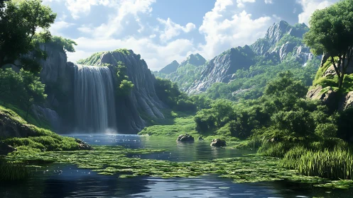 Sunlit mountain waterfall over tranquil lily pond scene.
