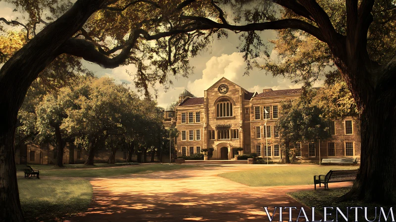 Symmetrical collegiate facade framed by oaks under warm afternoon light