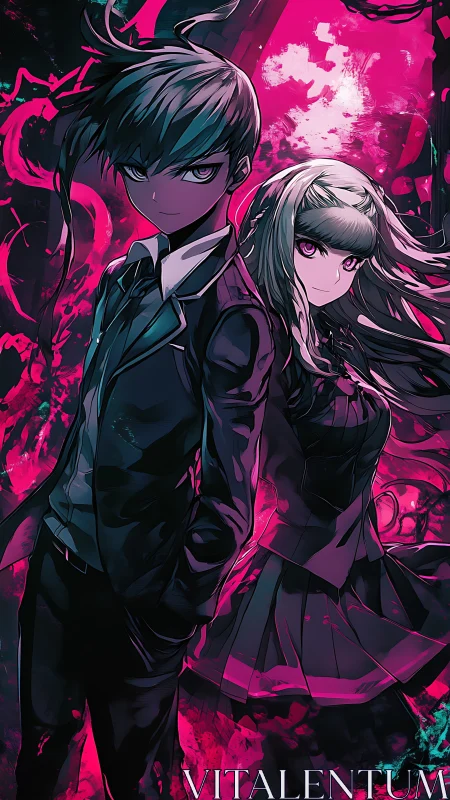 Dual anime protagonists stand in neon magenta high-contrast bloom