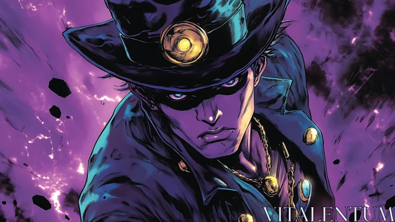 Masked antihero in trench coat within violet energy storm.