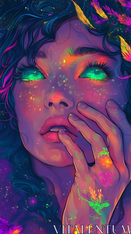 Neon-dream gaze with cosmic florals and glowing skin tones.