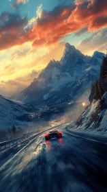 Sunlit alpine highway with speeding red supercar at dusk.
