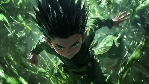 Emerald sprint: fierce forest child charging the wind.