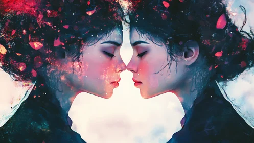 Ethereal Mirror Faces Merge in Fiery Cosmic Explosion.