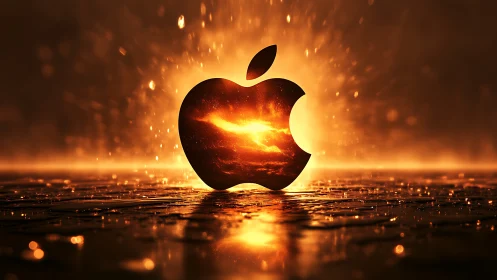 Glowing apple emblem rising from a molten golden sunset.