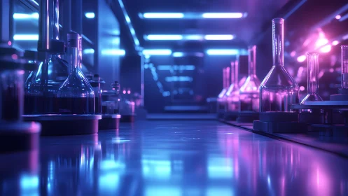 Futuristic Laboratory with Neon Lighting and Glassware, Digital Art.