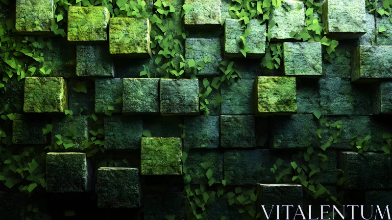 Mossy stone cubes and green leaves in geometric natural art style.