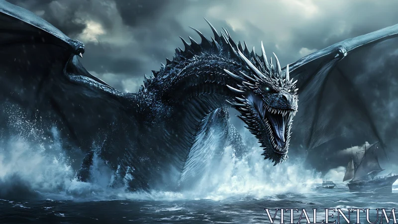 Sea dragon erupts from stormy ocean beside fleeing ships.