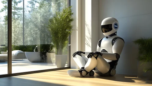 Humanoid robot resting in sunlit minimalist living space.