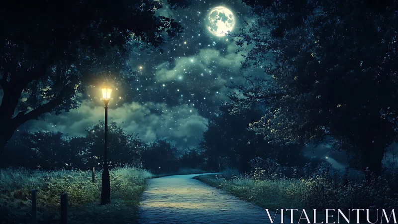Moonlit forest road with gaslamp under star-dense night sky