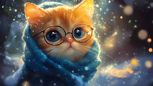 Orange-furred feline with spectacles in crystalline bokeh environment.