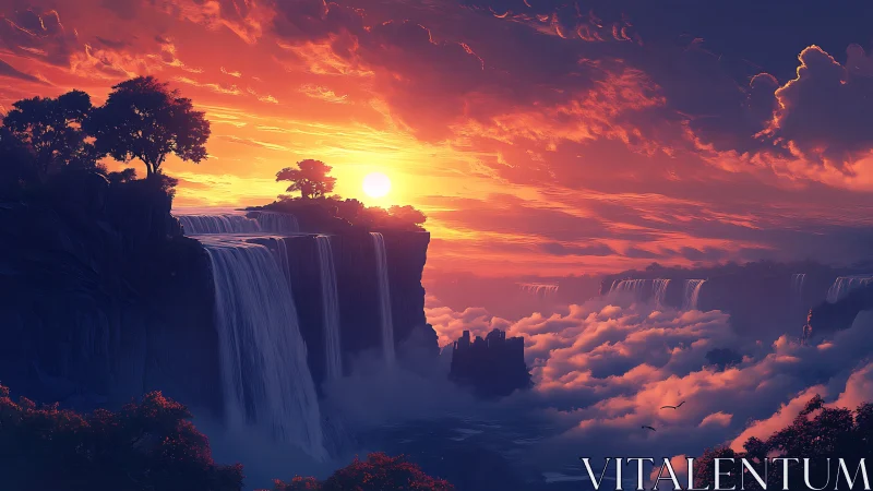 Sunset cascades above a cloud sea in a dreamlike realm.
