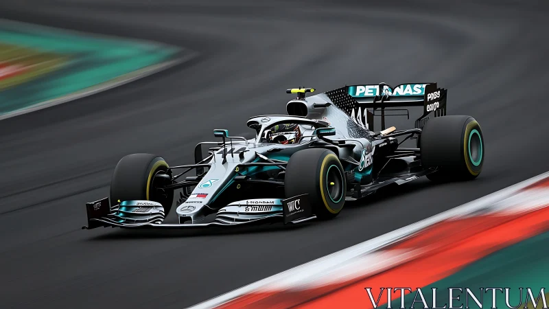 Mercedes F1 race car attacking corner on modern circuit.