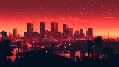 Neon red metropolis skyline dissolves into a cinematic dusk haze