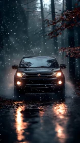 Midnight forest pickup slices through rain and rising sparks