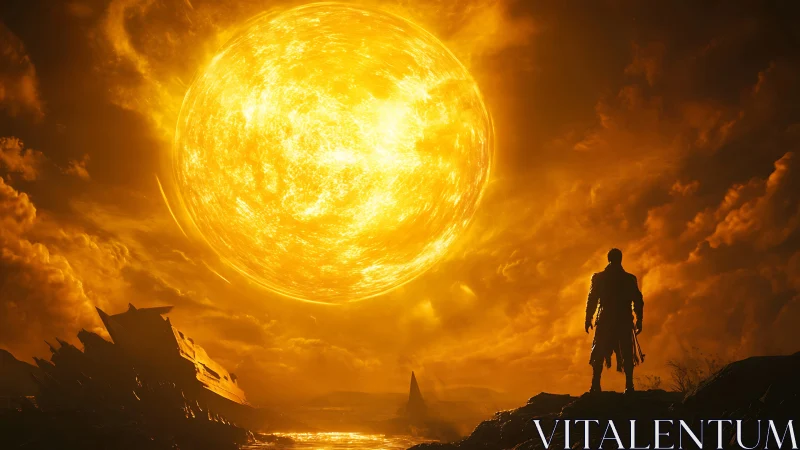 Figure observing massive burning sun over ruined landscape.