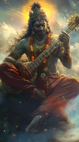 Divine musician with veena in luminous celestial cloudscape