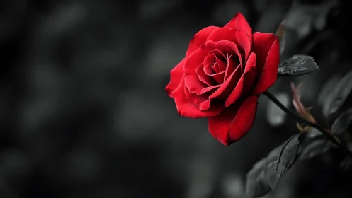 Vibrant Red Rose Blooming Against Soft Dark Backdrop